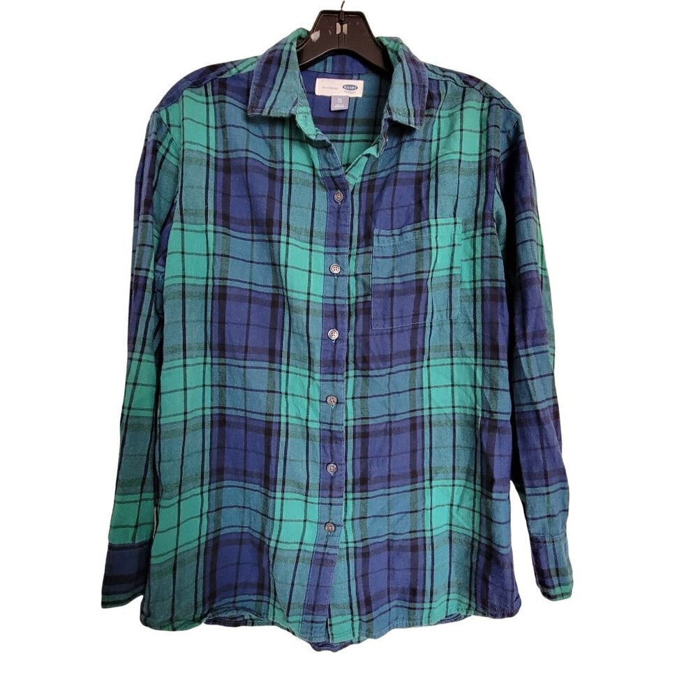 Old Navy Boyfriend Flannel Blue Green Plaid Button Down Front Long Sleeve Shirt
